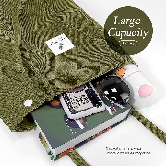 LHMTQVK Corduroy Tote Bags for Women, Large Capacity Tote Purse Reusable Grocery Shoulder Bag with Inner Pockets - Image 4