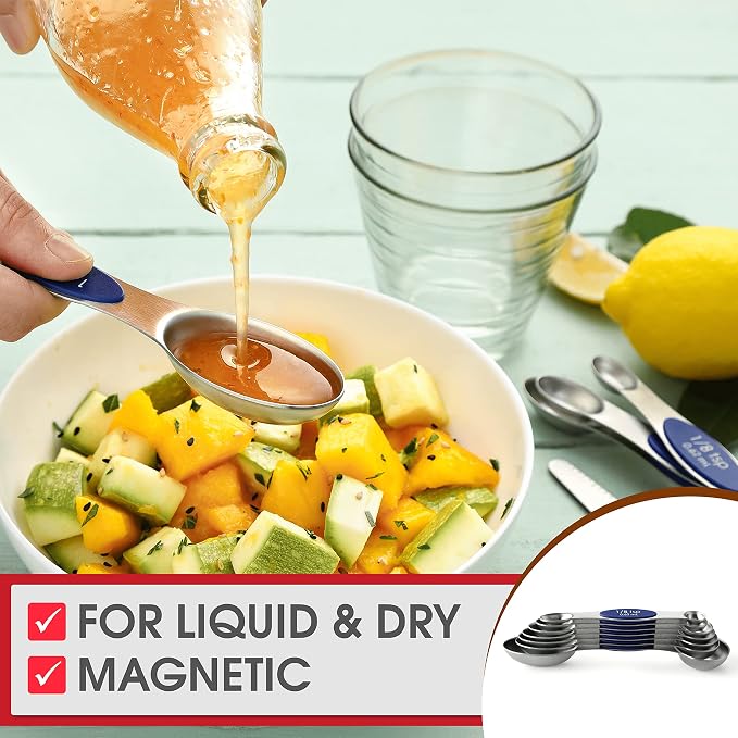 Spring Chef 8 Magnetic Measuring Spoons Set for Baking & Cooking, Sapphire | Stainless Steel Teaspoon & Tablespoon Measuring Spoons with Leveler for Dry & Liquid Ingredients, Dual Sided, Dishwasher Safe - Image 7