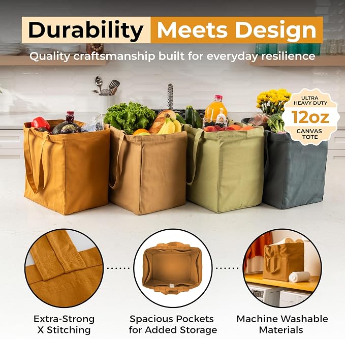 VeraMia Canvas Grocery Bag 3pc XL Set with Real Pockets, Long Shoulder Strap and Short Handle. Heavy Duty, Foldable, Washable - Image 4