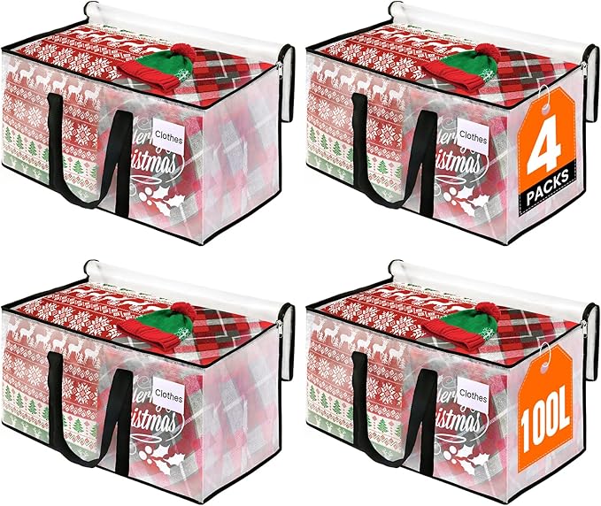 RoomHacks Moving Bags, Heavy Duty Large Storage Bags, 100L, 4 Pack, Clear | Water-Resistant Packing Bags with Reinforced Handles & Dual Zippers, Foldable Storage Totes for Dorm Move & Home Organization by RoomHacks