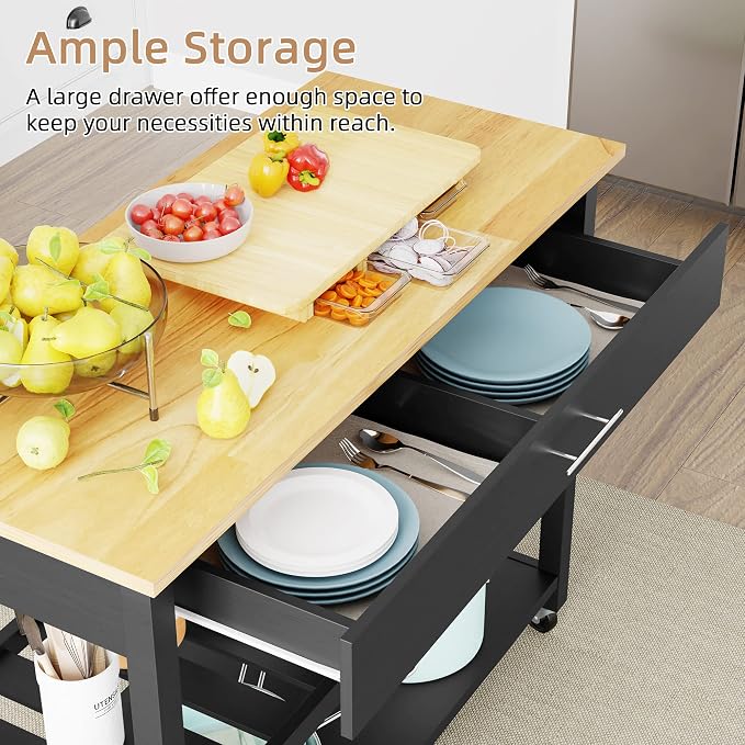 Shintenchi Kitchen Island Cart with Storage,Rolling Kitchen Island Side Table on Wheels with Large Worktop,Storage Cabinet,Towel Rack,Drawers and Open Shelves for Kitchen,Dinning Room,Black - Image 3