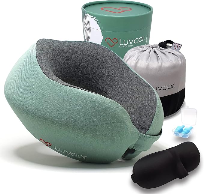 Premium Quality Memory Foam Travel Neck Pillow Bundle - Best Ergonomic Pillow for Airplane Travel, car Ride, Sleeping. Comes with Eye mask, earplugs and Storage Bag. (Imperial Green) by Luvcor