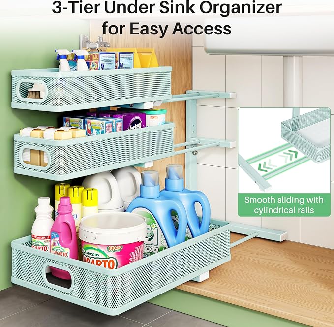 Under Sink Organizer, 1-Pack 3-Tier Height Adjustable Thickened Metal Pull out Cabinet Organizer Shelf, Slide out Storage Drawer Rack for Bathroom Kitchen Pantry Home Organization, LightBlue - Image 5