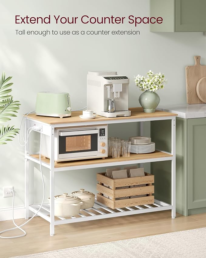 VASAGLE Kitchen Island with 3 Shelves, Kitchen Shelf with Power Strip, 23.6 x 47.2 x 34.9 Inches, Large Worktop, Steel Structure, Industrial, Easy to Assemble, Oak Color and White UKKI101Y01 - Image 4
