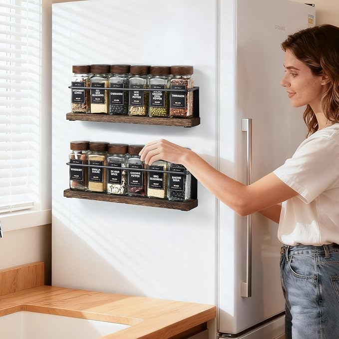 Wooden Lid Magnetic Spice Rack with 12 Jars, 216 Labels, 1 Steel Funnel for Refrigerator，Microwave Oven - Full Set of Spice Organizer - Image 6