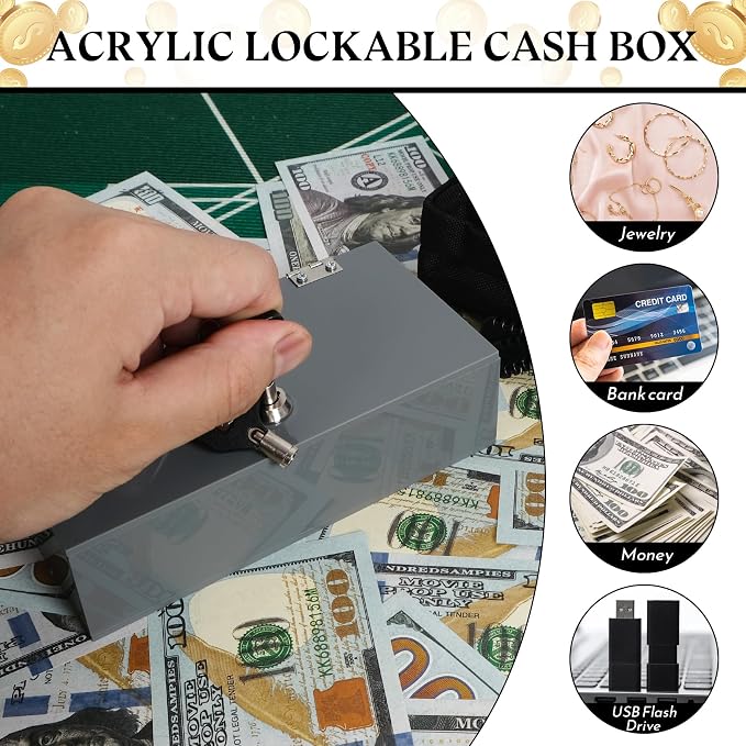 Acrylic Cash Box for Gambler Pocket Size, Winners Bank with 2 Keys Storage Bag, Compact Portable Secure Money Organizer Safe Lock Box for Casino, Control Gambler,Grey,1 Pack - Image 7