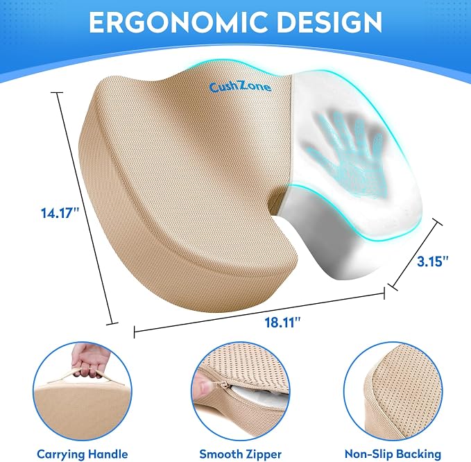 CushZone Memory Foam Seat Cushion for Office Car & Wheelchair, Khaiki | U-shaped Coccyx Cutout, Contoured Design, Breathable Removable Mesh Cover, Non-Slip Base, Carry Handle - Image 3