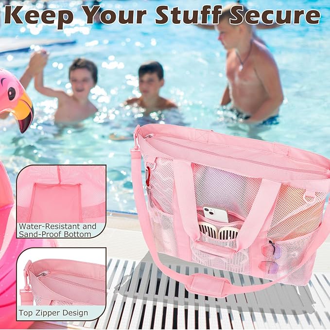 Fammart Mesh Beach Bag for Women, Large Beach Toy Pool Bag with Zipper Pocket, SandProof Cruise Essentials 2026 Family Travel - Image 5