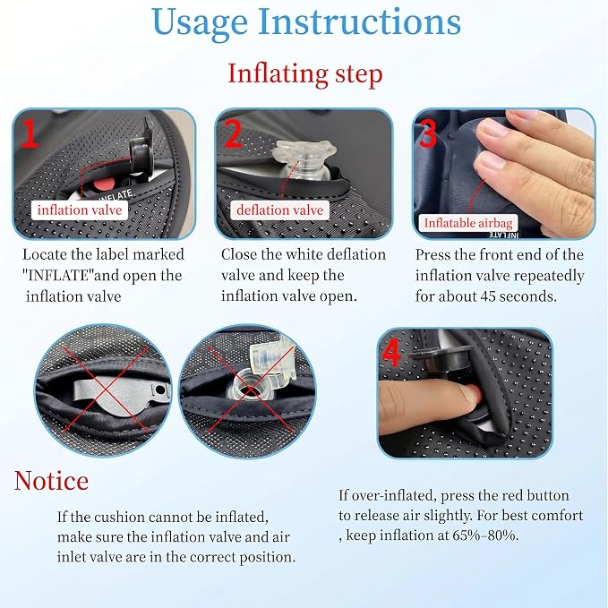 Inflatable Airplane Seat Cushion No Pump for Long Flights Travel | Pressure-relieving inflatable seat cushion, press-inflate, foldable portable for long flights, office and car use - Image 6