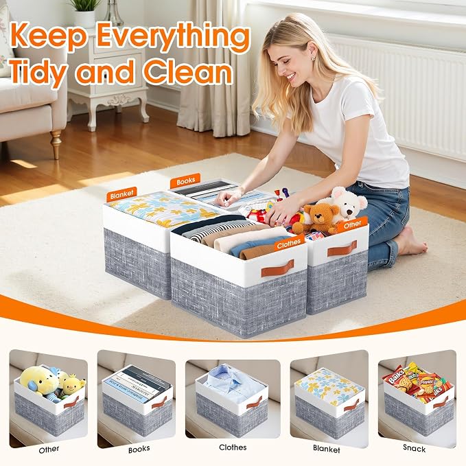 Collapsible Storage Baskets for Shelves,14"x10", 8 Pack Foldable Fabric Storage Bins with Double Leather Handles, Large Baskets for Organizing Books, Clothes, White & Grey - Image 4