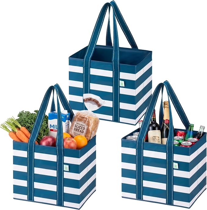 VENO 3 Pack Reusable Grocery Shopping Bags Utility Tote w/Sturdy Handles | Heavy Duty Storage Box with Hard Bottom, Foldable Picnic Basket for Groceries Shopping Cart(Classic Navy Stripe, 6 Gallon) by Veno