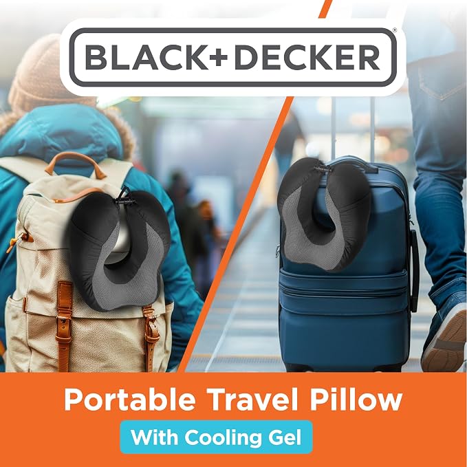 BLACK+DECKER Cooling Gel Memory Foam Neck Pillow – Travel Pillow for Plane, Car & Train – Ergonomic Neck Support, Slow Rebound Memory Foam, Washable Cover, Universal Fit, Black - Image 8