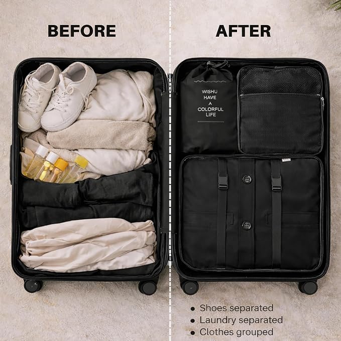 7 Set Packing Cubes For Travel | Luggage Organizer Bags With Shoe, Laundry Bag, Accessory Pouch And Lingerie Bag | Durable And Space Saving Suitcase Organizer For Travel Essentials | Black - Image 6