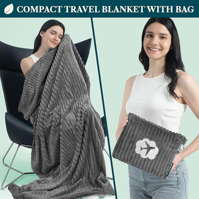 PAVILIA Travel Blanket Pillow, Soft Ribbed Fleece Airplane Blanket, Gray | 65x40, Compact Packable Plane Throw with Bag, Luggage Strap and Back Pocket, Cozy Flight Essentials Travelers Camping Gift - Image 2
