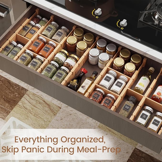 Bamboo Drawer Dividers 6 Pack with Inserts, Kitchen Adjustable Drawer Organizers for Home, Bedroom, Dresser, Expandable Organization 6 Dividers with 12 Inserts - Image 5