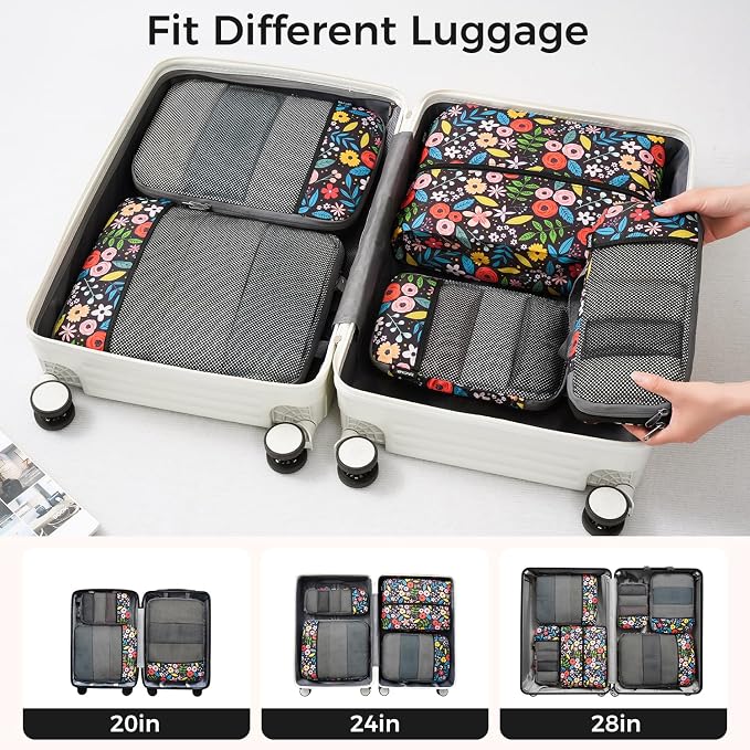 BAGAIL 4 Set/6 Set/8 Set Compression Packing Cubes Travel Accessories Expandable Packing Organizers (Half Mesh, 6-Black Floral) - Image 6