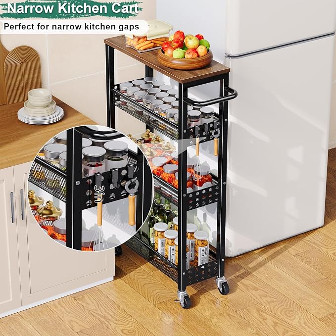 4 Tier Slim Rolling Cart with Wheels for Between Washer and Dryer Storage | Black Metal Rolling Spice Rack Next to Fridge, Narrow Kitchen Cabinet for Small Spaces, Laundry Room Organizer Carts - Image 4