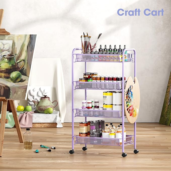 TOOLF 4 Tier Rolling Cart, Metal Utility Storage Cart with Wheels, Purple | 3 Hooks, Screwless Assembly, Trolley Organizer for Bathroom, Kitchen, Office, Nursery, Dorm, Laundry Room - Image 8