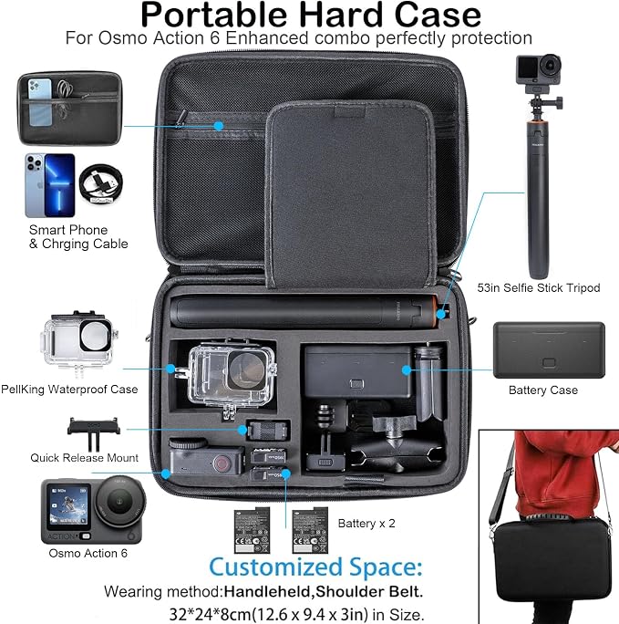 PellKing Accessories Kit for DJI Osmo Action 6,Carrying Case with Belt 135cm Selfie Stick Tripod Waterproof Housing Suction Cup Magnetic Handlebar Mount Qucik Release Clip 4 in 1 Body Mount - Image 3