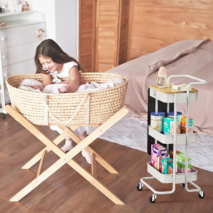 DTK 3-Tier Rolling Cart with Table Top, Metal Utility Cart with Side Bags | Tray Storage Organizer, Lockable Wheels, 4 Hooks, Art Cart for Kitchen, Bathroom, Office, Craft room, Living room, White - Image 9