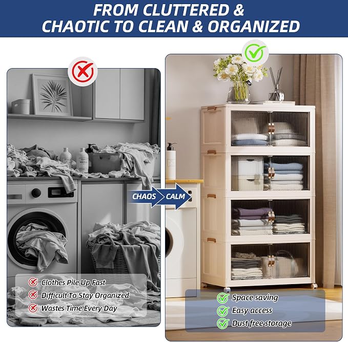SAILUN 464Qt Stackable Storage Bins,Storage Cabinet a Lid,4Pack Blush White | Stackable Storage Drawers with Lids,26" W x 17" D x 56.7" H,Featuring open-front Access for Clothes and Closet Storage - Image 2
