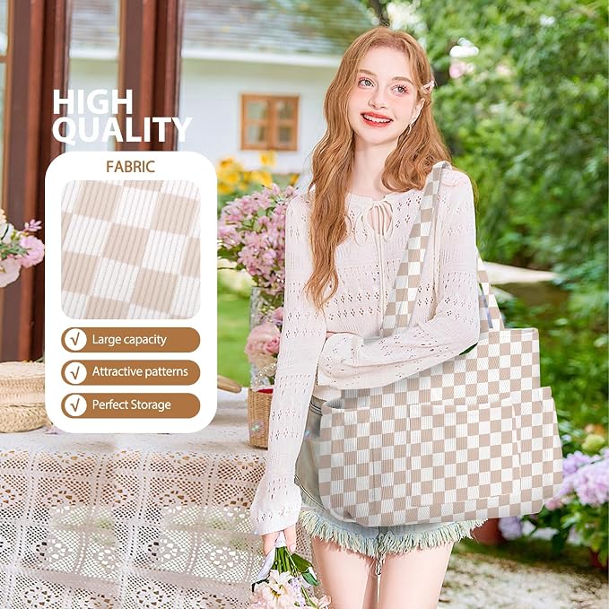 Corduroy Tote Bag for Women,Large Capacity Cute Tote Bags With 6 Pockets,Crossbody Shoulder Handbag for Work Travel Gym - Image 6