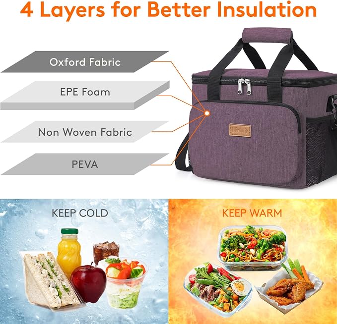 Lifewit Medium Lunch Bag, Insulated Lunch Box, Soft Cooler Cooling Tote for Adult Men Women, Purple 12-Can (9L) - Image 3