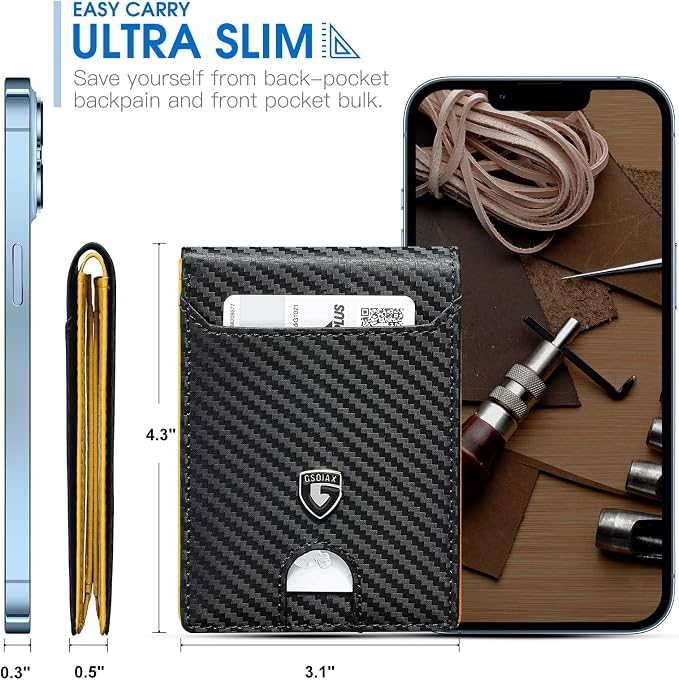 GSOIAX Slim Wallet for Men RFID Blocking Bifold Wallet Carbon Fiber Front Pocket Wallet with 11 Card Holder Minimalist Mens Wallet with Gift Box(Carbon Yellow) - Image 3