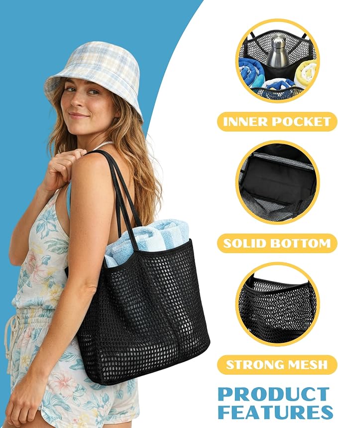 Rave Envy Large Mesh Beach Tote Bag - Waterproof Pool & Travel Beach Bag | Large Capacity | Sturdy Base | Lightweight Foldable Design | Quick-Drying Breathable Fabric | Spacious Multi-Pocket Storage - Image 3