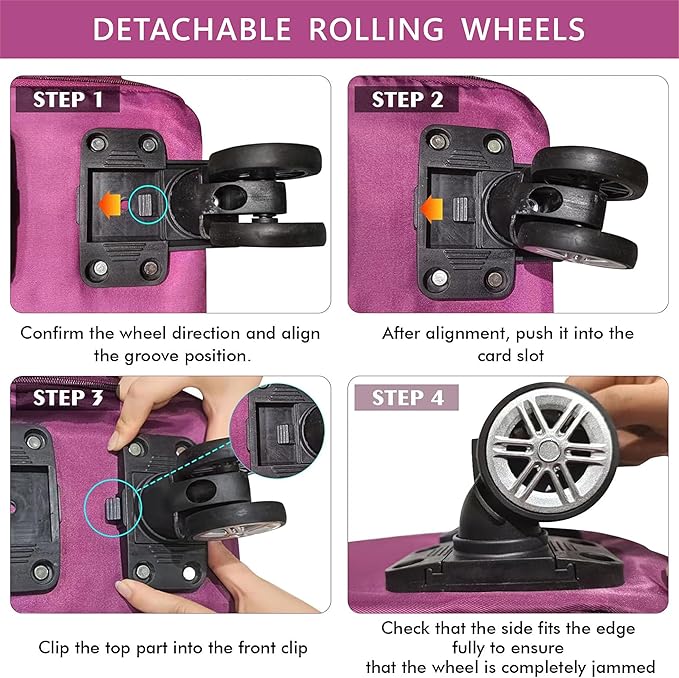 Expandable Foldable Duffel Bag with Detachable Rolling Wheels, Large Carry-On Luggage for Travel, Gym, Camping, Shopping, Business Trip (Purple) - Image 6