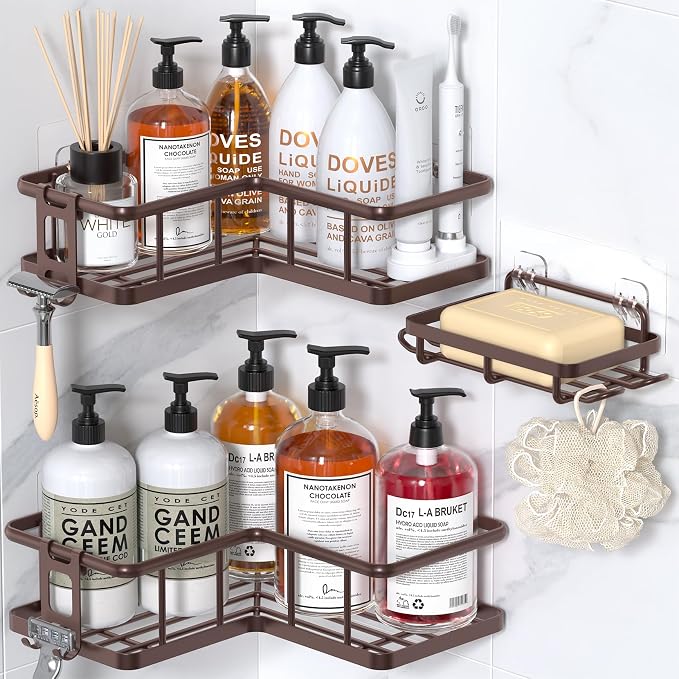 Corner Shower Caddy Adhesive, 100% Rustproof Shower Organizer with Soap Holder, No Drill Shower Shelf for Inside Shower, Wall-Mounted Shower Storage for Homes (3 Pack, Bronze) by YASONIC