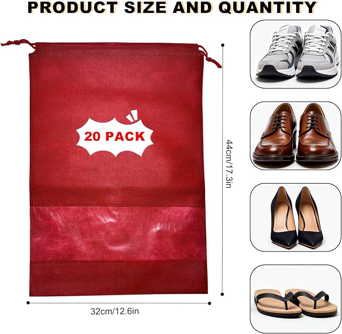 20 Pack Shoe Bags for Travel, 17" x 12.6" Drawstring Shoe Organizers with Clear Window, Breathable Non-Woven Dustproof Pouches for Luggage & Closet (Red) - Image 2