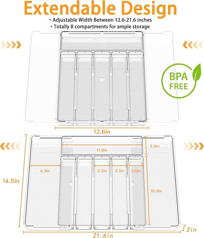 Silverware Drawer Organizer, Expandable Utensil Tray for Kitchen Drawers,BPA Free Flatware and Cutlery Holder,Adjustable Plastic Storage for Utensil like Spoons, Forks, Knives.Clear - Image 2