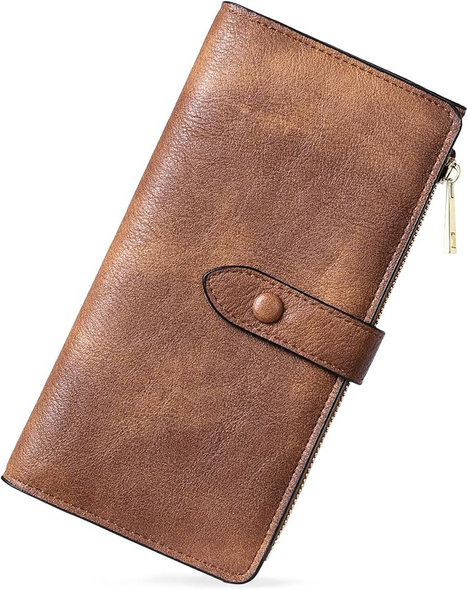 BOSTANTEN Womens Leather Wallet RFID Large Capacity Credit Card Holder | 4 ID Windows, 16 Card Slots, Zipper Coin Pocket, Clutch Wallet, Long Bifold, Ladies Gifts, Grey Brown by BOSTANTEN