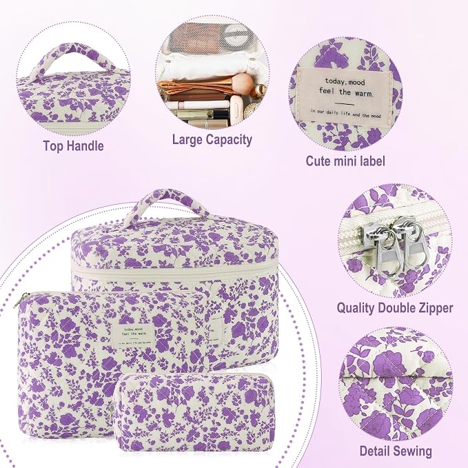 URSKYTOUS 3Pcs Cotton Quilted Makeup Bag for Women Girls Large Small Travel Portable Cosmetic Bag Set Cute Purple Floral Zipper Make Up Pouch Coquette Aesthetic Storage Toiletry Organizer Case - Image 3