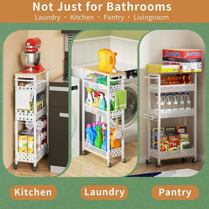 OKZEST Slim Bathroom Organizers and Storage Cart with Toilet Paper Holder | Upgraded metal hub casters, 4-Tier space-saving narrow rolling cart, Premium wood & metal mesh shelves, Holds tall bottles - Image 6