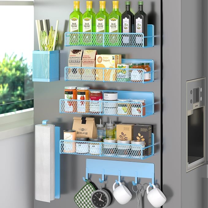 Magnetic Spice Rack for Refrigerator, 7 Pack Metal Magnetic Shelf Blue, Moveable Spice Organizer with Hook Rack, Paper Towel Holder, Kitchenware Holder, Strong Magnetic Storage Fridge Organizer by DTUQYX