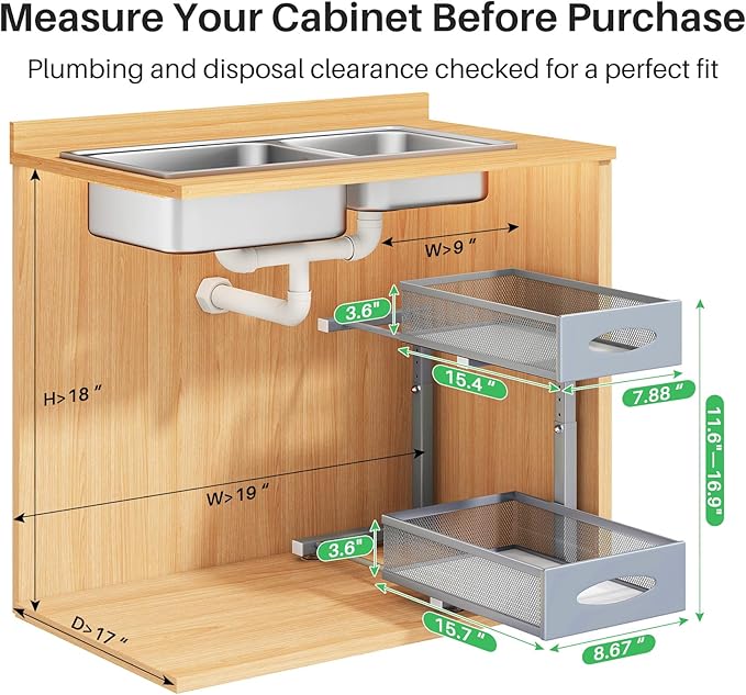 2 Pack Under Sink Organizer, 2 Tier Pull out Cabinet Organizer Mesh Baskets with 5 Adjustable Heights, Sliding Drawers Storage Shelf for Home, Kitchen, Bathroom, Pantry, Office, Countertop ,Grey - Image 2