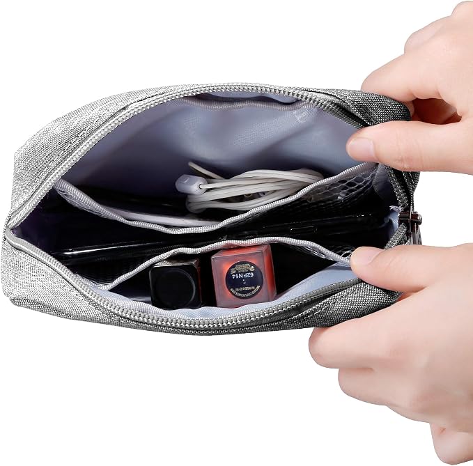 E-Tree Small Makeup Bag, Cosmetic Toiletry Skin Care Make up Little Items Pouch for Purse, Zipper Mini Tech Charger Cable Electronic Organizer Case, Travel Accessories for Women Men Teen, Grey - Image 3