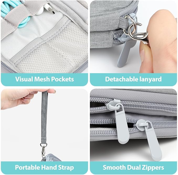 Double Layer Electronics Organizer Tech Pouch for Chargers, Gray | Water-resistant Oxford fabric, 8 compartments for 3ft+ cords and compact 7.87x4.72x1.97in design. Includes 8 cable ties. - Image 5