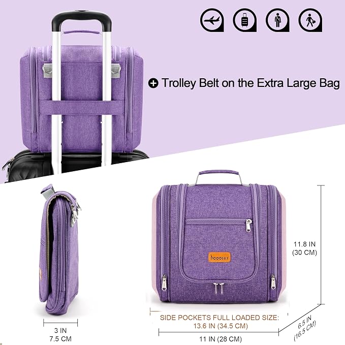 Travel Hanging Toiletry Bag for Women and Men, 6 Organizer Compartments, Holds Full Size Bottles, Extra Large Cosmetic Accessories, Makeup essentials, Bathroom Water-resistant Toiletries Bag, Purple - Image 4