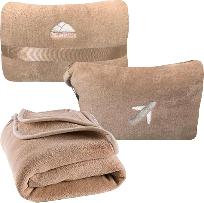 BlueHills Premium Soft Plush Mini Travel Blanket Pillow Long Flights Beige | Compact Luggage Belt and Backpack Clip, Warm Plane Pillow, Packable, 2in 1 Airplane Travel Size Blanket Case, Cruise, Gift by BlueHills
