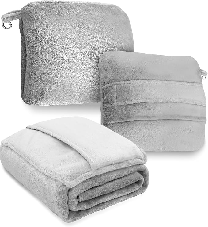 DEZ FURNISHINGS 4-in-1 Self-Storing Travel Blanket & Pillow, Soft Fleece Airplane Blanket with Luggage Sleeve & Backpack Clip, 60" x 45", Gray by DEZFurnishings