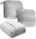DEZ FURNISHINGS 4-in-1 Self-Storing Travel Blanket & Pillow, Soft Fleece Airplane Blanket with Luggage Sleeve & Backpack Clip, 60" x 45", Gray by DEZFurnishings