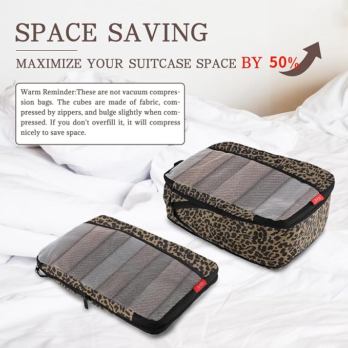 U+U 4 Set Compression Packing Cubes - Ultralight Travel Cubes (Leopard) | Space-Saving & Lightweight Travel - Image 3
