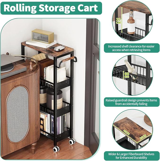 4 Tier Rolling Cart, Metal Utility Slim Storage Carts with Wheels, Small Mobile Shelf Unit Organizer Trolley with Handle and Wood Top, Rolling Cart for Laundry, Bathroom, Kitchen - Image 3