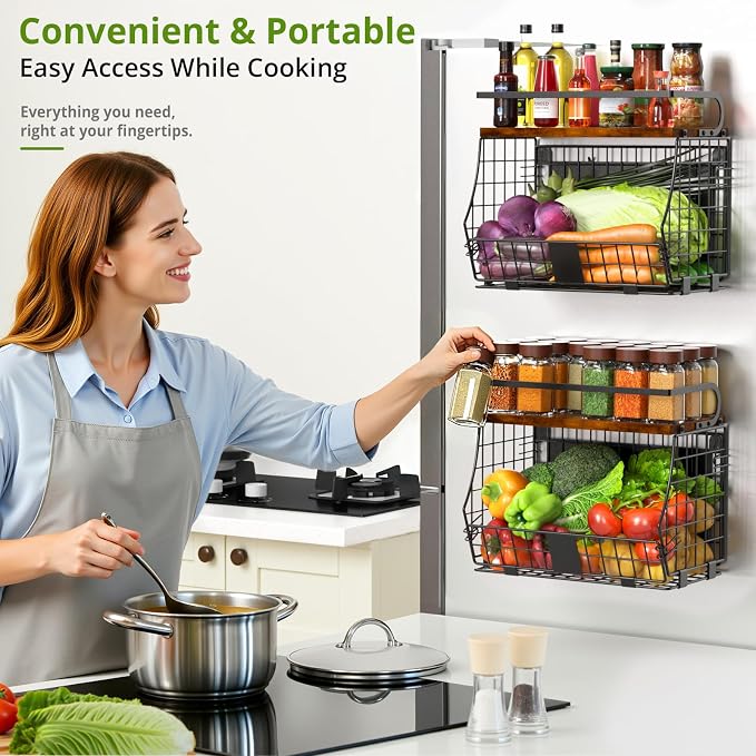 Magnetic Shelf for Fridge with Wood Top & Produce Basket – 2-in-1 Magnetic Spice Rack for Refrigerator – Space-Saving Kitchen Organizer for Fruits, Potatoes, and Onions (with Hooks) - Image 3