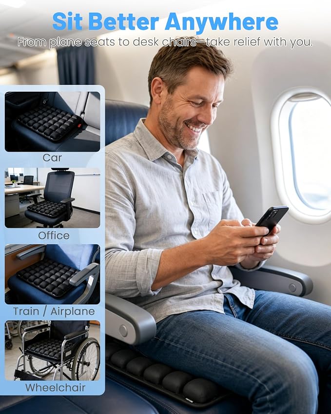 Travel Seat Cushion for Airplane, Press-Type Air Inflatable Cushion, Portable Ergonomic Comfort with Non-Skid Bottom for Long Flights, Office, Camping, Wheelchair, Travel, Driving - Image 6