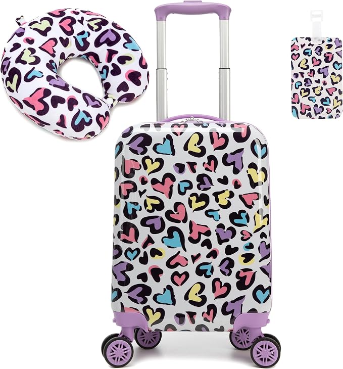 Kid's Luggage Set 2 Piece Suitcase Set Hardside Luggage with Spinner Wheels Girls Carry on Toddler Travel Rolling Suitcase with Neck Pillow Airline Approved by Unknown