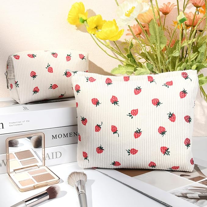 SOIDRAM 2 Pcs Cute Makeup Bag Large Cosmetic Bag Toiletry Bag Makeup Pouch Travel Bag Organizer Cute Makeup Brushes Aesthetic Accessories Storage Bag for Women Strawberry Beige - Image 2